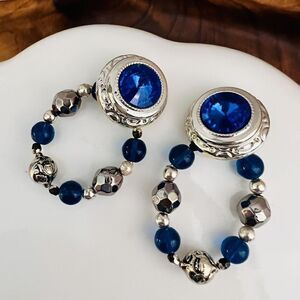 Vintage Large Earrings Blue Silver Tone  Beaded Dangle Beads Clip On Y2K 4583